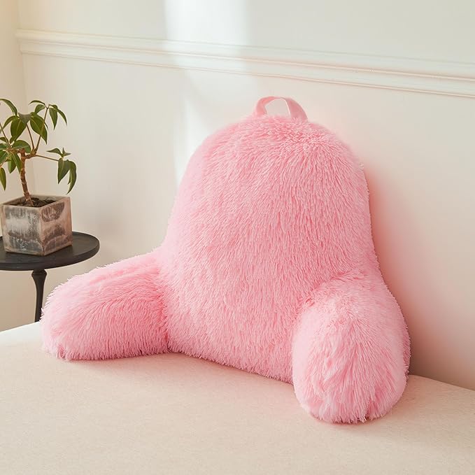 XeGe Faux Fur Reading Pillow Cover (No Filler), Fluffy Back Rest Pillow Case for Sitting in Bed, Adults Kids Girls Shaggy Sit Up Back Support Study Pillow Cover for Couch Chair Home Decoration, Pink - LeafyLoom