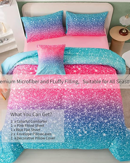 RYNGHIPY 6Pcs 3D Glitter Comforter Bedding Sets for Kids Teens Girls Women, Turquoise Blue Pink Rainbow Quilt Set Queen Size, Ultra Soft Reversible Bed in A Bag - LeafyLoom
