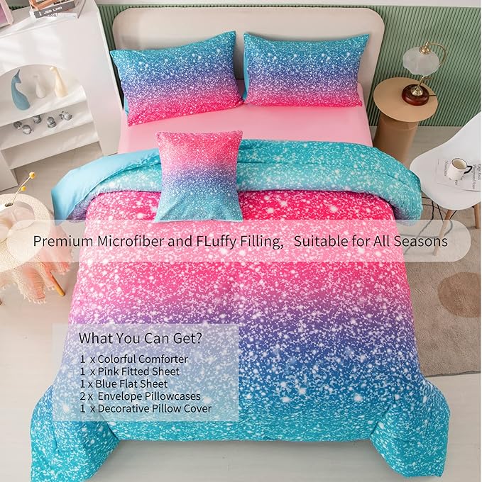 RYNGHIPY 6Pcs Gradient Glitter Bedding Set for Girls Twin Size, Colorful Rainbow All-Season Comforter Set, Ultra Soft Bedding Collections - LeafyLoom