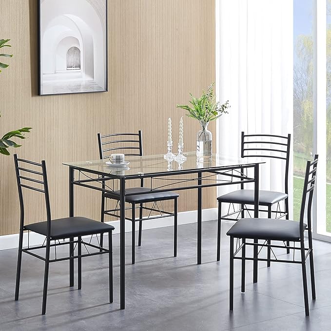 VECELO Dining Table with 4 Chairs [4 Placemats Included, Black, 43.3x27.5x30, 15.7x16.9x33.8 - LeafyLoom