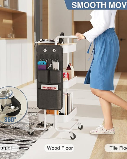 DTK 3 Tier Metal Utility Rolling Cart with Table Top and Side Bags, Metal Tray Storage Organizer Cart with Wheels, Art Craft Cart with 4 Hooks for Kitchen Bathroom Office Living Room (White) - LeafyLoom