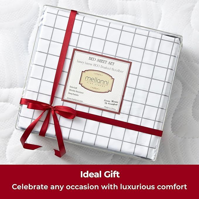 Mellanni King Sheets Set - 4 PC Iconic Collection Bedding Sheets & Pillowcases - Hotel Luxury, Extra Soft, Cooling Bed Sheets - Deep Pocket up to 16 inch (King, Windowpane Gray) - LeafyLoom