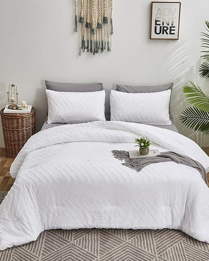 Wellboo White Tufted Jacquard Boho Comforter Set Queen Size White Bedding Set Shabby Chic All Season Bed Quilt Women Men White Farmhouse Embroidery Blanket Soft Adult Broken Line Wave Geometry Bed - LeafyLoom