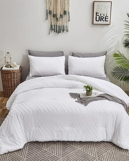 Wellboo White Tufted Jacquard Boho Comforter Set King Size White Bedding Set Shabby Chic All Season Bed Quilt Women Men White Farmhouse Embroidery Blanket Soft Adult Broken Line Wave Geometry Bed - LeafyLoom