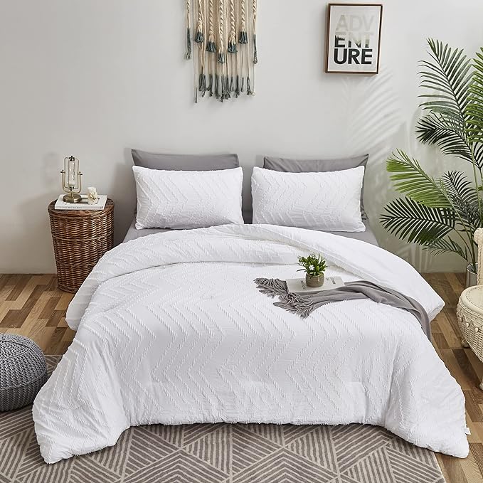 Wellboo White Tufted Jacquard Boho Comforter Set King Size White Bedding Set Shabby Chic All Season Bed Quilt Women Men White Farmhouse Embroidery Blanket Soft Adult Broken Line Wave Geometry Bed - LeafyLoom