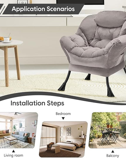 Fabric Lazy Chair Large Accent Chair,Velvet Frabic Modern Lounge Reading Chair with Armrests & Side Pocket,Upholstered Armchair for Living Room,Bedroom,Dorm,Light Grey - LeafyLoom