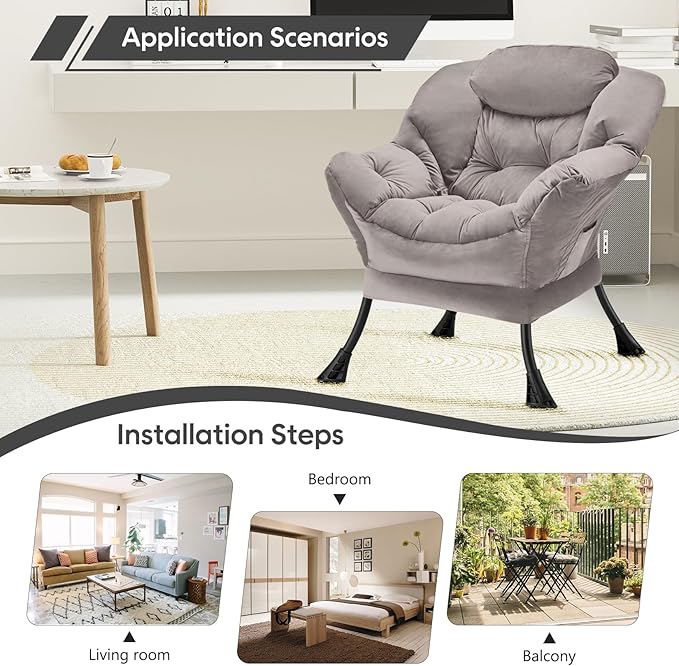 Fabric Lazy Chair Large Accent Chair,Velvet Frabic Modern Lounge Reading Chair with Armrests & Side Pocket,Upholstered Armchair for Living Room,Bedroom,Dorm,Light Grey - LeafyLoom