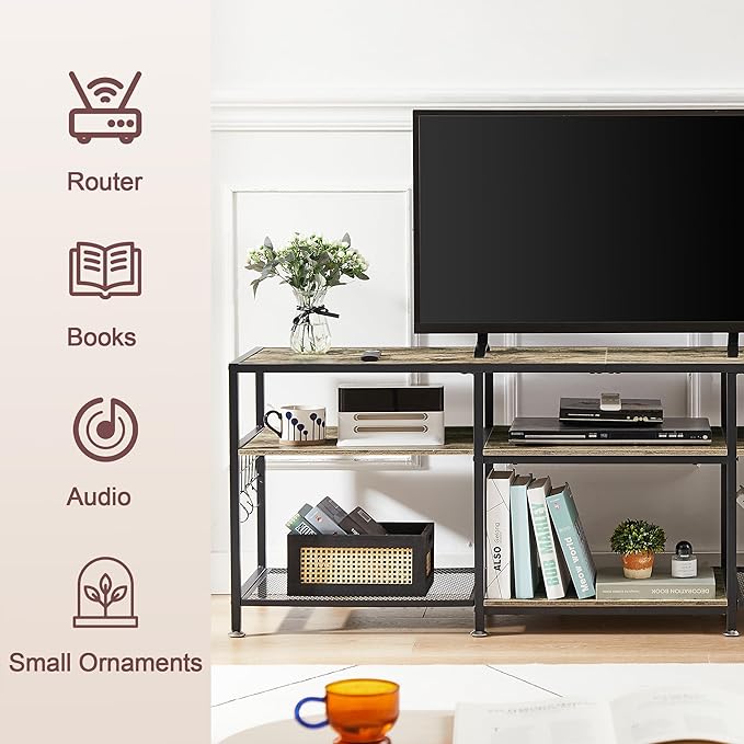 VECELO 63" TV Stand for 60/65/70 Inch Television, Entertainment Center with Storage Shelves & Hooks, 3-Tier Modern Wooden Console Table for Living, Bedroom and Gaming Room, 63 Inch, Oak Grey - LeafyLoom