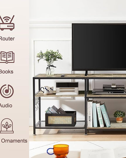 VECELO 55" TV Stand for 55/60/65 Inch Television, Entertainment Center with Storage Shelves & Hooks, 3-Tier Modern Wooden Console Table for Living, Bedroom and Gaming Room, 55 Inch, Oak Grey - LeafyLoom