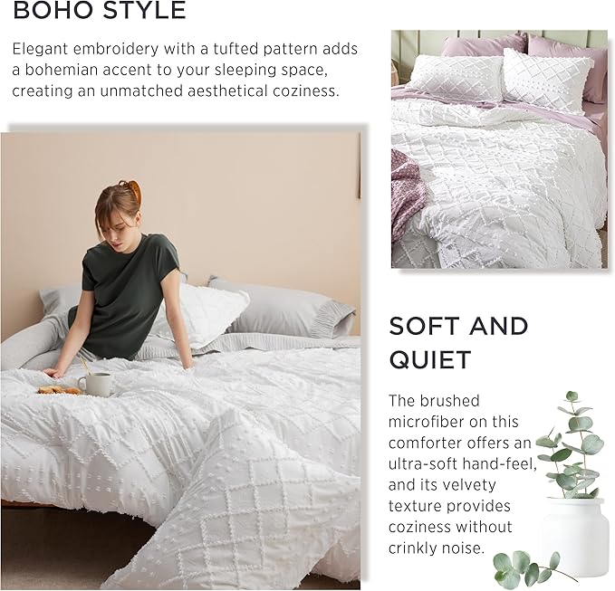 Bedsure Queen Comforter Set - Dusty Rose Boho Comforter, Tufted Shabby Chic Bedding Comforter Set, 3 Pieces Vintage Farmhouse Bed Set for All Seasons, Fluffy Soft Bedding Set with 2 Pillow Shams - LeafyLoom