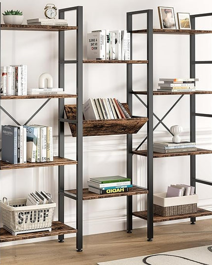 Shintenchi Industrial Bookcase,71.6” Triple 4 Tier Bookshelf with 11 Open Display Shelves,Large Etagere Bookshelf Open Record Player Shelves,Wide Book Shelf Book Case for Home & Office,Rustic Brown - LeafyLoom