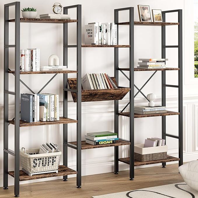 Shintenchi Industrial Bookcase,71.6” Triple 4 Tier Bookshelf with 11 Open Display Shelves,Large Etagere Bookshelf Open Record Player Shelves,Wide Book Shelf Book Case for Home & Office,Rustic Brown - LeafyLoom