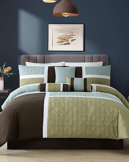 Chezmoi Collection 7-Piece Quilted Patchwork Comforter Set, Coffee Brown/Aqua Blue/Sage Green, King - LeafyLoom