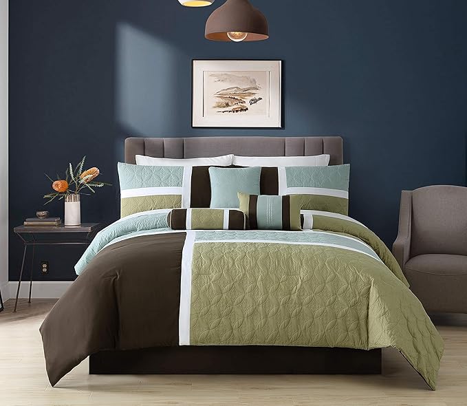 Chezmoi Collection 7-Piece Quilted Patchwork Comforter Set, Coffee Brown/Aqua Blue/Sage Green, California King - LeafyLoom
