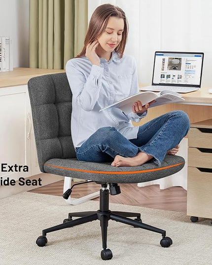 Furniliving Armless Office Desk Chair, Linen Fabric Padded Swivel Chair, Adjustable Home Office Chair with 360° Wheels, Wide Criss Cross Chair for Desk for Living Room, Bedroom, Darkgrey - LeafyLoom