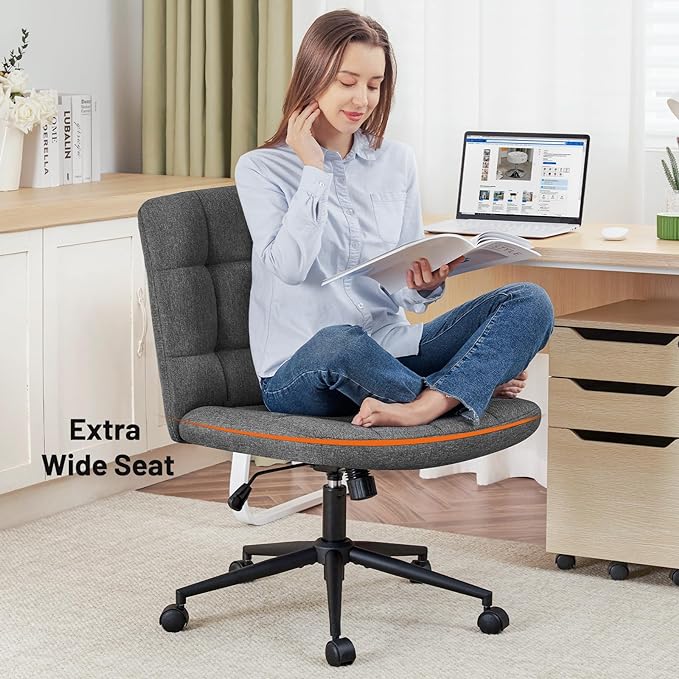 Furniliving Armless Office Desk Chair, Linen Fabric Padded Swivel Chair, Adjustable Home Office Chair with 360° Wheels, Wide Criss Cross Chair for Desk for Living Room, Bedroom, Darkgrey - LeafyLoom