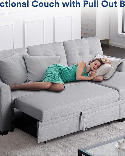 4-in-1 Convertible L Shaped Couch with Pull Out Bed and Storage Sectional Sleeper Sofa with Reversible Chaise for Living Room, Apartment, Bedroom, Office, Silver - LeafyLoom
