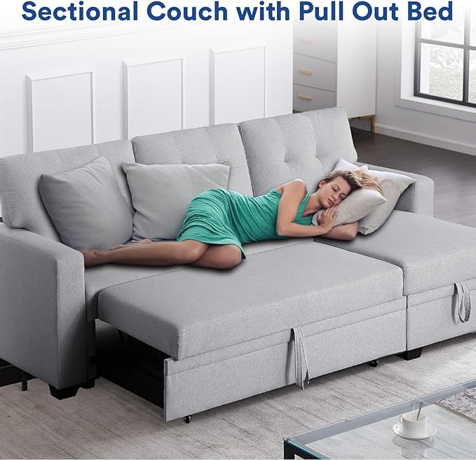 4-in-1 Convertible L Shaped Couch with Pull Out Bed and Storage Sectional Sleeper Sofa with Reversible Chaise for Living Room, Apartment, Bedroom, Office, Silver - LeafyLoom