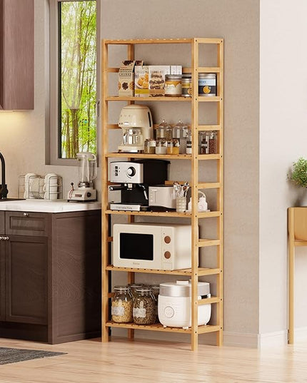 Bamboo Shelf, 6-Tier Adjustable Tall Open Bookcase, Bathroom Storage Rack Freestanding Shelving Unit, Plant Display Stand for Small Space, Natural - LeafyLoom