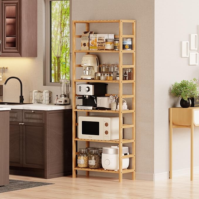 Bamboo Shelf, 6-Tier Adjustable Tall Open Bookcase, Bathroom Storage Rack Freestanding Shelving Unit, Plant Display Stand for Small Space, Natural - LeafyLoom
