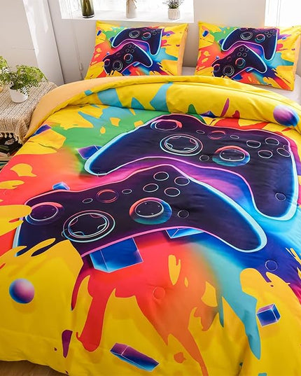 Aimuan Gamer Gaming Bedding Sets 3D Gamepad Comforter Sets for Boys Games Console Action Buttons Novelty Colorful Game Controller Modern Room Decor Home Quilt Set (Full, Yellow) - LeafyLoom