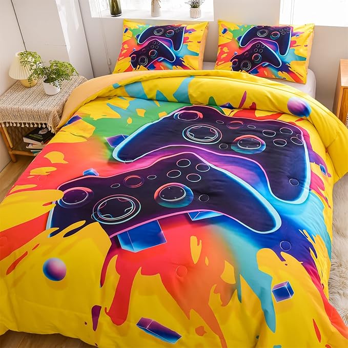 Aimuan Gamer Gaming Bedding Sets 3D Gamepad Comforter Sets for Boys Games Console Action Buttons Novelty Colorful Game Controller Modern Room Decor Home Quilt Set (Full, Yellow) - LeafyLoom