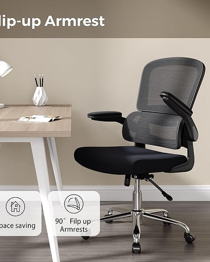 Ergonomic Office Chair, Breathable Mesh Chair with Adjustable Height, Computer Chair with a Double Lumbar Support and Flip-up Arms, Home Office Desk Chair with 90°-130° Tilt Function - LeafyLoom
