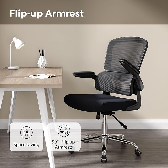 Ergonomic Office Chair, Breathable Mesh Chair with Adjustable Height, Computer Chair with a Double Lumbar Support and Flip-up Arms, Home Office Desk Chair with 90°-130° Tilt Function - LeafyLoom