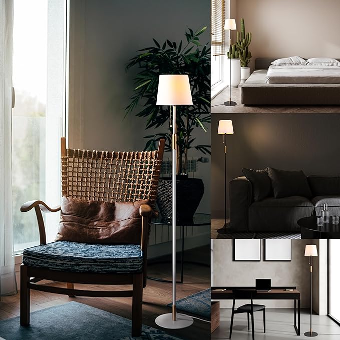 O'Bright Velum Floor Lamp - Elegant Linen Shade, Pull Chain Switch, Luxury Gold Handle, Modern Minimalist Design - Perfect for Living Room, Bedroom, Office - White - LeafyLoom