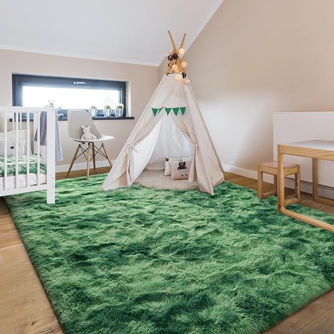 6x9 Large Area Rugs for Living Room, Super Soft Fluffy Modern Bedroom Rug, Tie-Dyed Green Indoor Shag Fuzzy Carpets for Girls Kids Nursery Room Home Decor - LeafyLoom