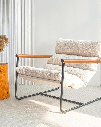 MAXYOYO Sherpa Accent Chair, Boucle Arm Chair Living Room Chair, Reading Accent Chair, Mid Century Modern Bedroom Chair,Teddy Armchair Wooden Arms Metal Frame - LeafyLoom