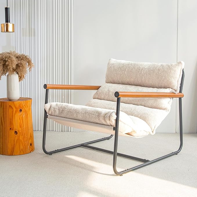 MAXYOYO Sherpa Accent Chair, Boucle Arm Chair Living Room Chair, Reading Accent Chair, Mid Century Modern Bedroom Chair,Teddy Armchair Wooden Arms Metal Frame - LeafyLoom