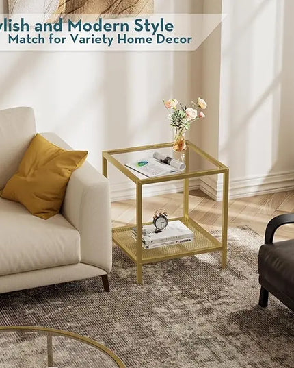 SAYGOER Glass Side Table Small Gold End Table for Small Spaces 2-Tier Square Night Stand with Storage Modern Bed Side Table with Gold Frame for Bedroom Living Room, Easy Assembly - LeafyLoom