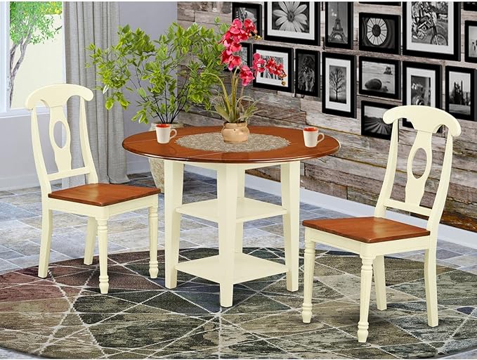 East West Furniture SUKE3-BMK-W Sudbury 3 Piece Set for Small Spaces Contains a Round Dining Room Table with Dropleaf & Shelves and 2 Wooden Seat Chairs, 42x42 Inch - LeafyLoom