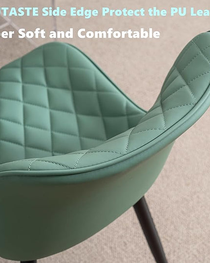 YOUTASTE Light Green Dining Chairs Set of 2 Mid Century Modern PU Leather Diamond Upholstered Accent Guest Dinner Chair with Back Metal Legs for Kitchen Living Reception Waiting Room - LeafyLoom