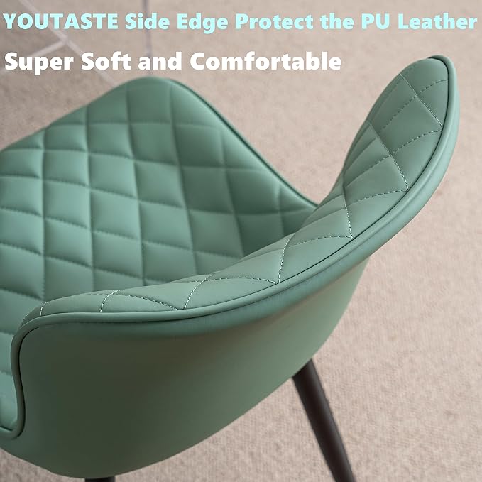 YOUTASTE Light Green Dining Chairs Set of 2 Mid Century Modern PU Leather Diamond Upholstered Accent Guest Dinner Chair with Back Metal Legs for Kitchen Living Reception Waiting Room - LeafyLoom