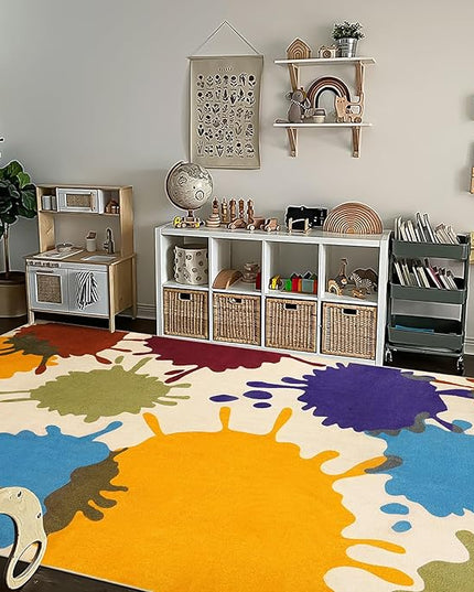 Large Area Rug for Living Room, 8'x10' Rainbow Kids Rug for Classroom, Colorful Art Washable Rug for Bedroom, Non-Slip Ink Splotch Nursery Rug Soft Modern Living Room Carpet for Dorm School - LeafyLoom