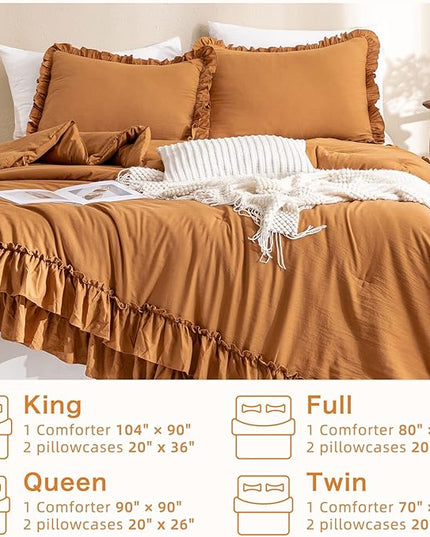 Pumpkin Color Ruffle Comforter Queen Size,Farmhouse Shabby Boho Chic Queen Bedding Comforter Set,3pcs Ultra Soft Fluffy Brown Orange Comforter Sets for Queen Bed with 2 Ruffled Pillowcases - LeafyLoom