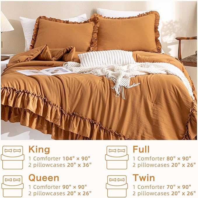 Pumpkin Color Ruffle Comforter Queen Size,Farmhouse Shabby Boho Chic Queen Bedding Comforter Set,3pcs Ultra Soft Fluffy Brown Orange Comforter Sets for Queen Bed with 2 Ruffled Pillowcases - LeafyLoom