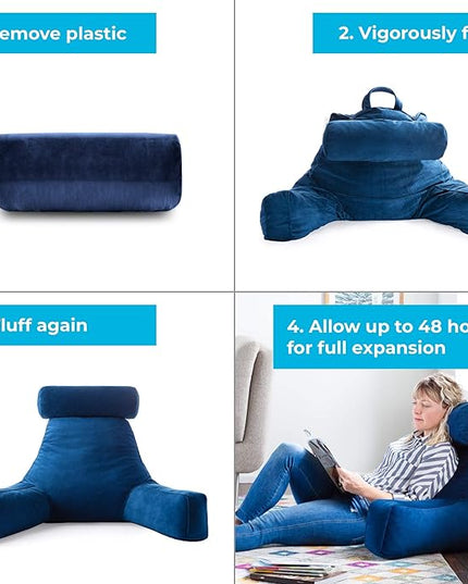 LINENSPA Reading Pillow with Shredded Memory Foam- Back Pillow for Sitting in Bed, Reading, Gaming, Watching TV – Bed Chair Pillow with Arms, Dorm Room Essentials, Navy - LeafyLoom