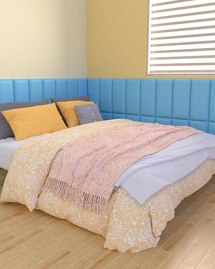 Peel and Stick Headboard Blue Upholstered Wall Panels, 4 Panels Sized 7.8" x 15.7", 3D Anti-Collision Soundproof Self-Adhesive Wall Panel for Bedroom，Living Room - LeafyLoom