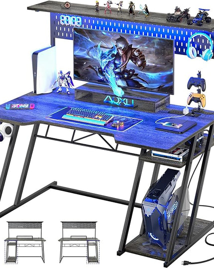 armocity Gaming Computer Desk with Storage Shelves & Z-Shaped Legs, Gaming Desk with Hutch and LED Lights, Reversible PC Gaming Desk with Pegboard for Bedroom & Small Spaces, 47'', Grey Oak - LeafyLoom