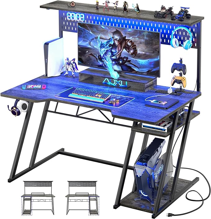 armocity Gaming Computer Desk with Storage Shelves & Z-Shaped Legs, Gaming Desk with Hutch and LED Lights, Reversible PC Gaming Desk with Pegboard for Bedroom & Small Spaces, 47'', Grey Oak - LeafyLoom