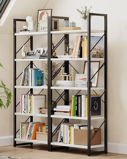 DWVO 5 Tier Bookshelf, White Bookcase Storage Shelves Organizer, Modern Display Rack Standing Book Shelves for Bedroom,Living Room,Office,Kitchen, White & Black - LeafyLoom