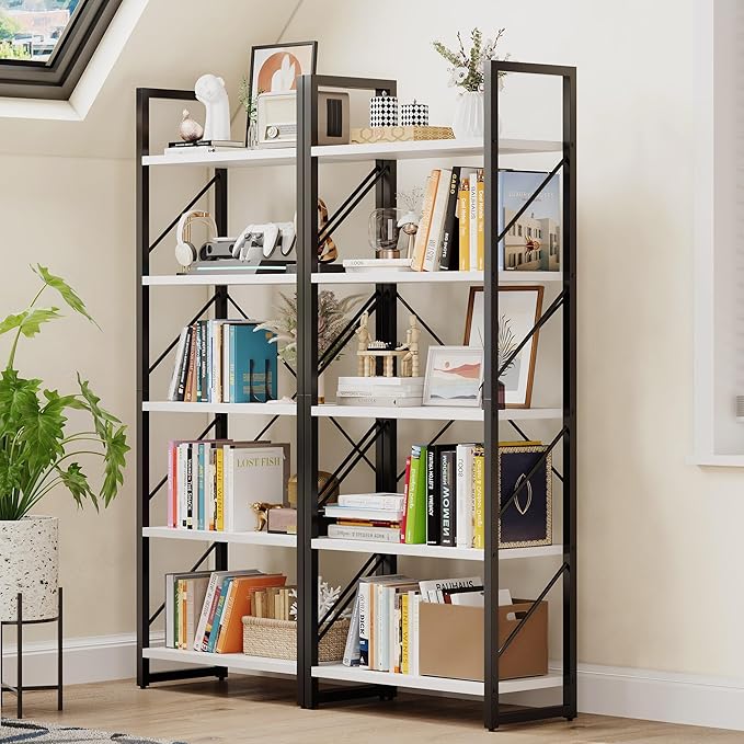 DWVO 5 Tier Bookshelf, White Bookcase Storage Shelves Organizer, Modern Display Rack Standing Book Shelves for Bedroom,Living Room,Office,Kitchen, White & Black - LeafyLoom
