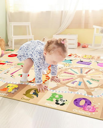 Kids Playroom Rug 4x6 Beige Rugs for Girls Bedroom Child Play Mat Educational and Fun Baby Care Rugs,Learning Rug with ABC Alphabets Animals Shapes No-Slip Carpets for Children Toddler Washable - LeafyLoom