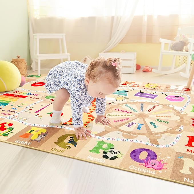 Kids Playroom Rug 4x6 Beige Rugs for Girls Bedroom Child Play Mat Educational and Fun Baby Care Rugs,Learning Rug with ABC Alphabets Animals Shapes No-Slip Carpets for Children Toddler Washable - LeafyLoom