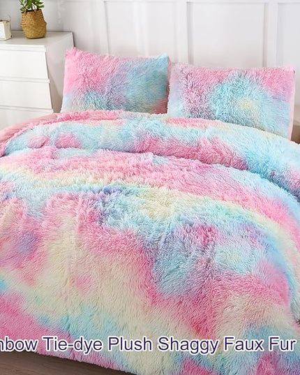 WINLIFE Faux Fur Comforter Set Twin Size for Girls Bedding Plush Shaggy Comforter Sets Gradient Ombre Tie Dye Bed Set Fuzzy Furry Long Hair Fluffy Comforter (3Pcs, Twin, Rainbow) - LeafyLoom