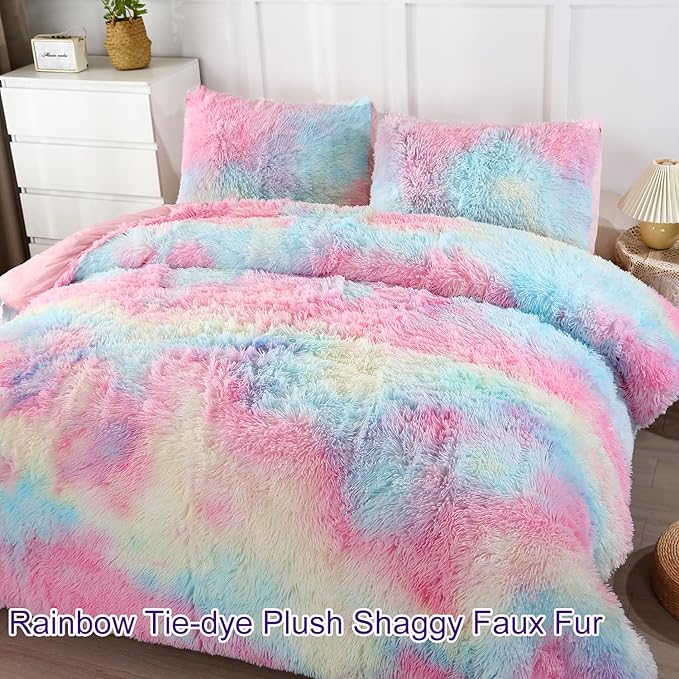 WINLIFE Faux Fur Comforter Set Twin Size for Girls Bedding Plush Shaggy Comforter Sets Gradient Ombre Tie Dye Bed Set Fuzzy Furry Long Hair Fluffy Comforter (3Pcs, Twin, Rainbow) - LeafyLoom