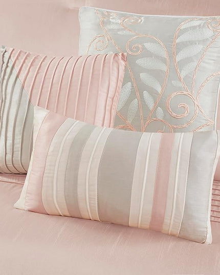 Madison Park Amherst Faux Silk Comforter Set-Casual Contemporary Design All Season Down Alternative Bedding, Matching Shams, Bedskirt, Decorative Pillows, Queen (90 in x 90 in), Blush/Taupe 7 Piece - LeafyLoom